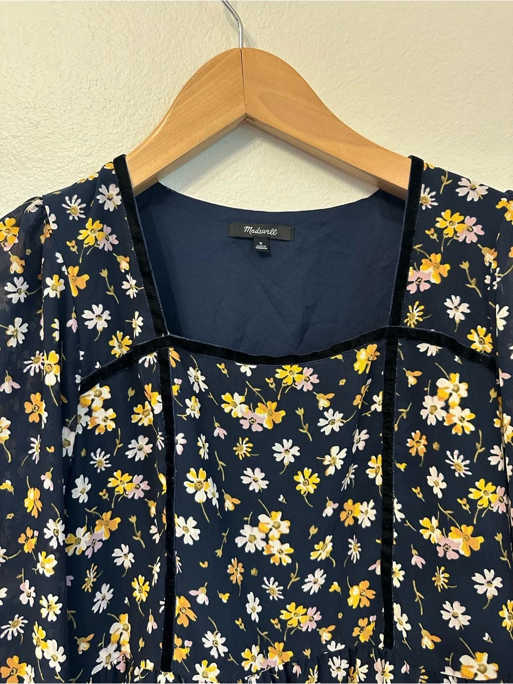 Madewell Navy Floral Peplum Top with Yellow & White Blossoms